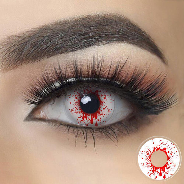 Crazy Blood Splat Halloween Contacts on dark eyes