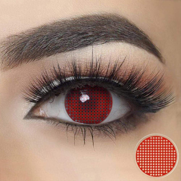 Red Mesh Halloween Contacts on dark eyes